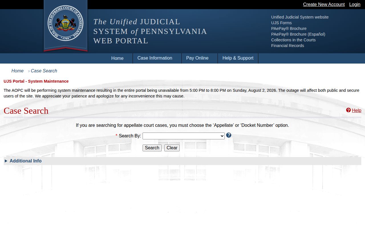 Susquehanna County released inmate Pennsylvania UJS case record search