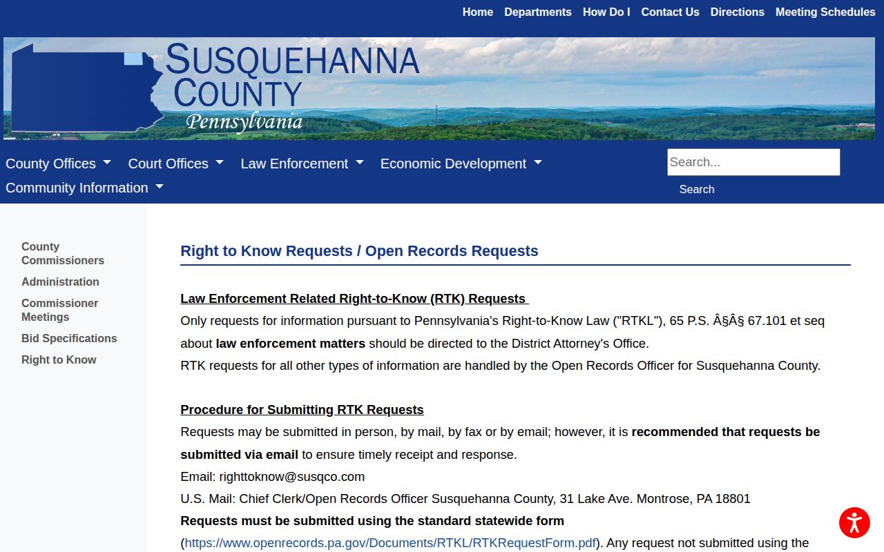 Susquehanna County release records Right-to-Know request route