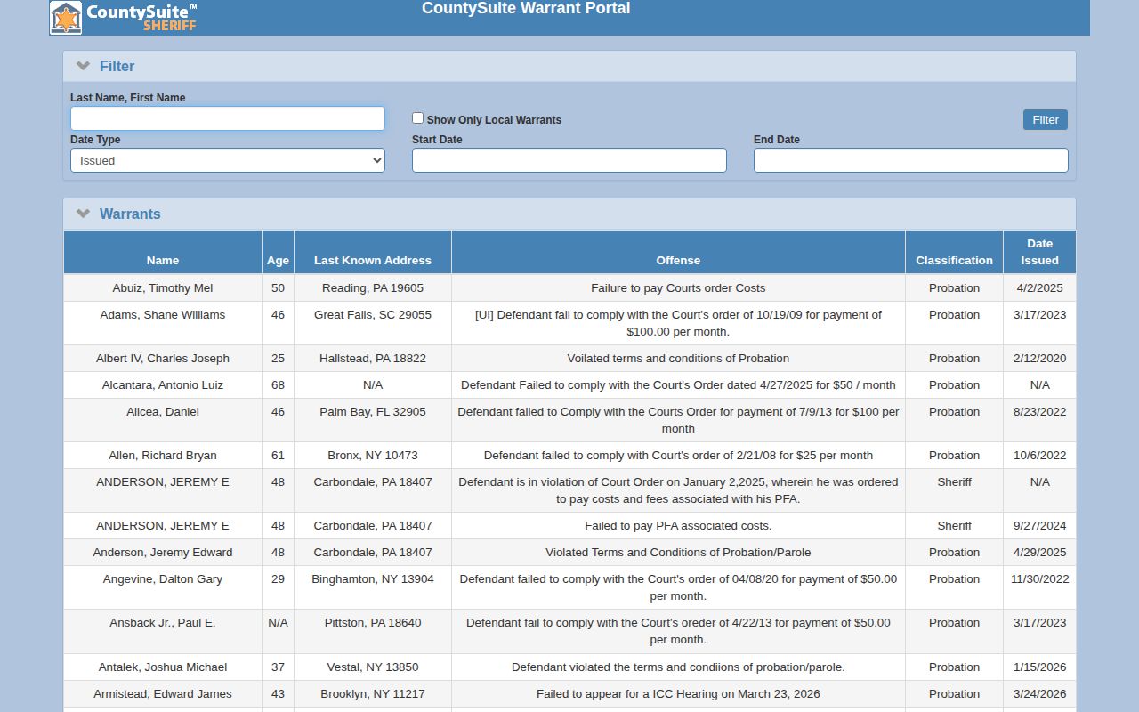 Susquehanna County warrant portal for post-release probation and parole checks